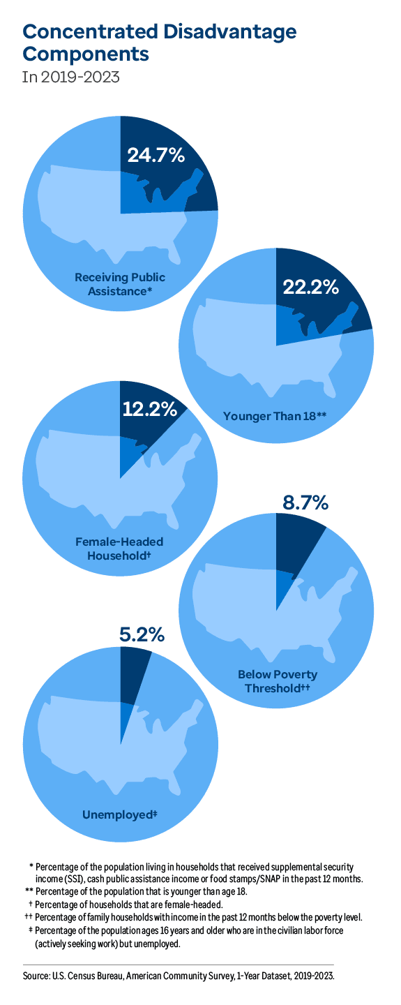 Graphic representation of Concentrated Disadvantage Components information contained on this page. Download the full report PDF from the report Overview page for details.