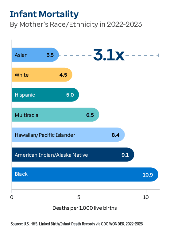 Graphic representation of Infant Mortality By Mother's Race/Ethnicity information contained on this page. Download the full report PDF from the report Overview page for details.