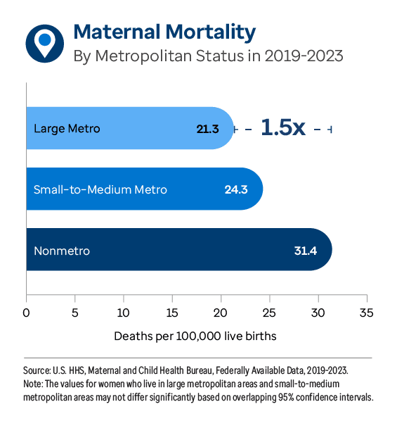 Graphic representation of Maternal Mortality By Metropolitan Status information contained on this page. Download the full report PDF from the report Overview page for details.
