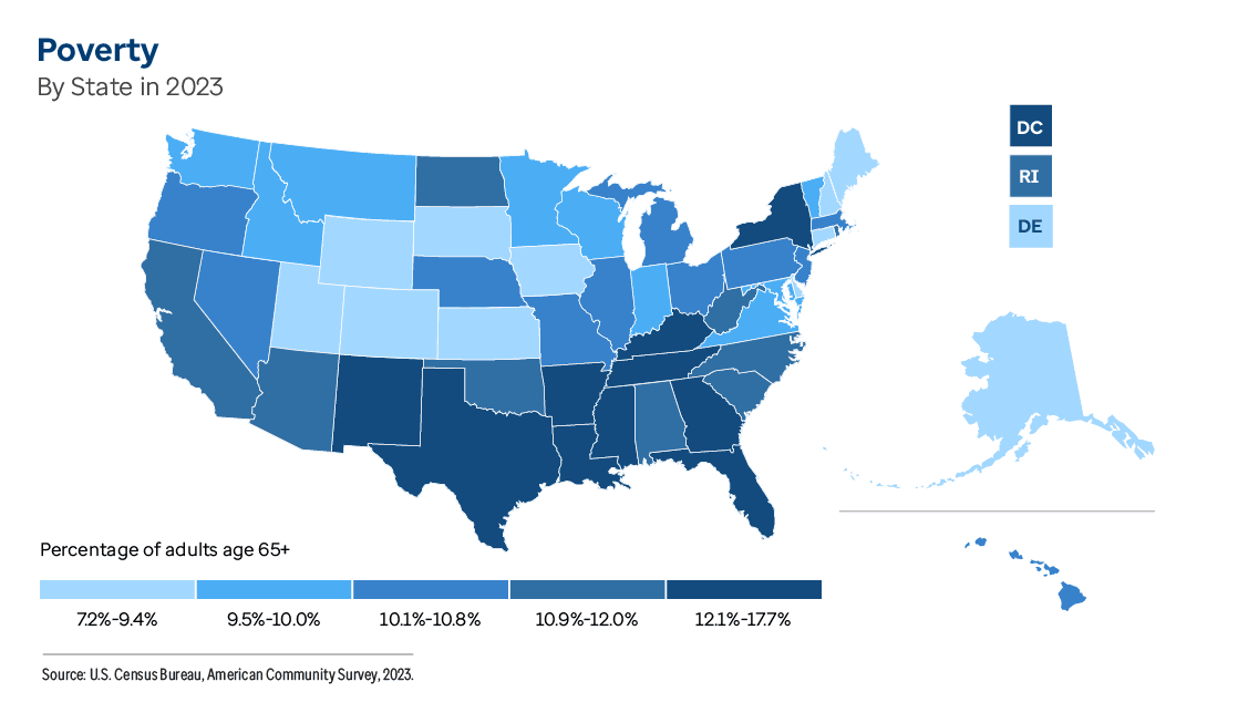 Graphic representation of Poverty By State in 2023 information contained on this page. Download the full report PDF from the report Overview page for details.