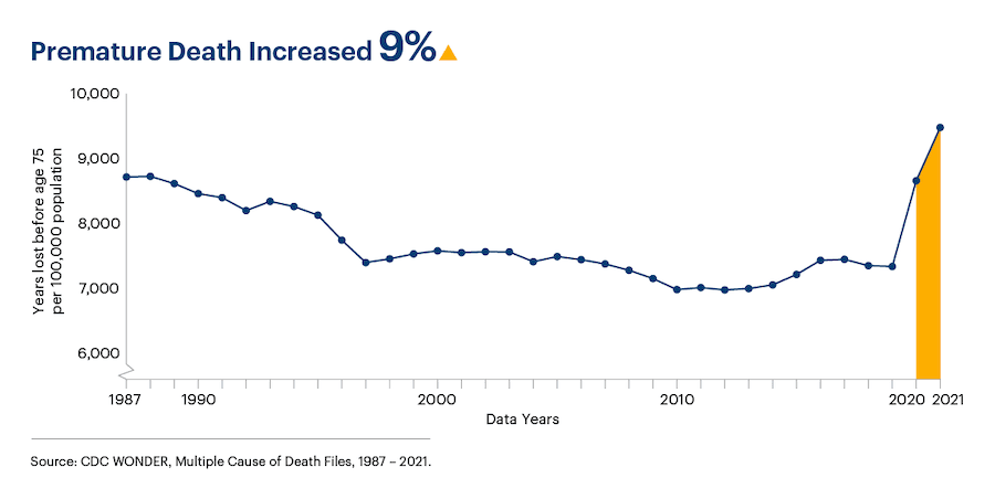 Graphic representation of Premature Death Rate information contained on this page. Download the full report PDF from the report Overview page for details.