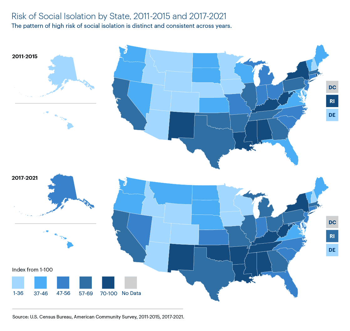 Graphic representation of risk of social isolation information contained on this page. Download the full report PDF from the report Overview page for details.