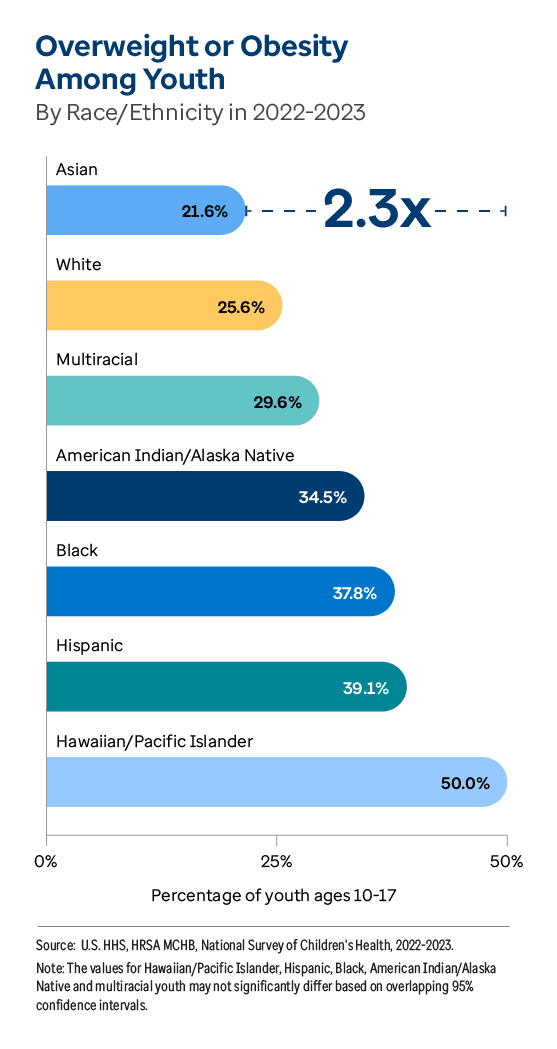 Graphic representation of Overweight or Obesity Among Youth information contained on this page. Download the full report PDF from the report Overview page for details.