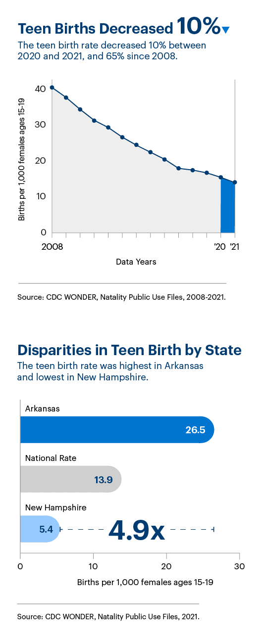 Graphic representation of teen birth information contained on this page. Download the full report PDF from the report Overview page for details.