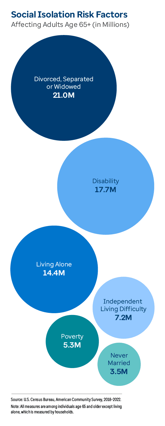Graphic representation of Social Isolation Risk Factors information contained on this page. Download the full report PDF from the report Overview page for details.
