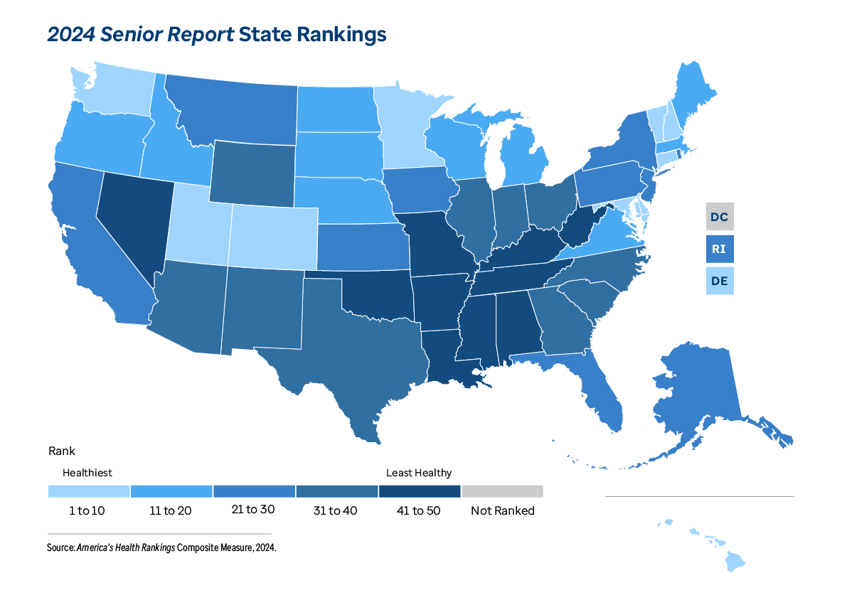 Graphic representation of 2024 Senior Report State Rankings information contained on this page. Download the full report PDF from the report Overview page for details.