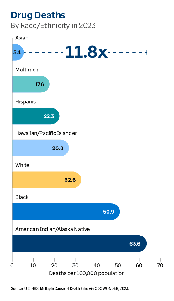 Graphic representation of Drug Deaths By Race/Ethnicity in 2023 information contained on this page. Download the full report PDF from the report Overview page for details.
