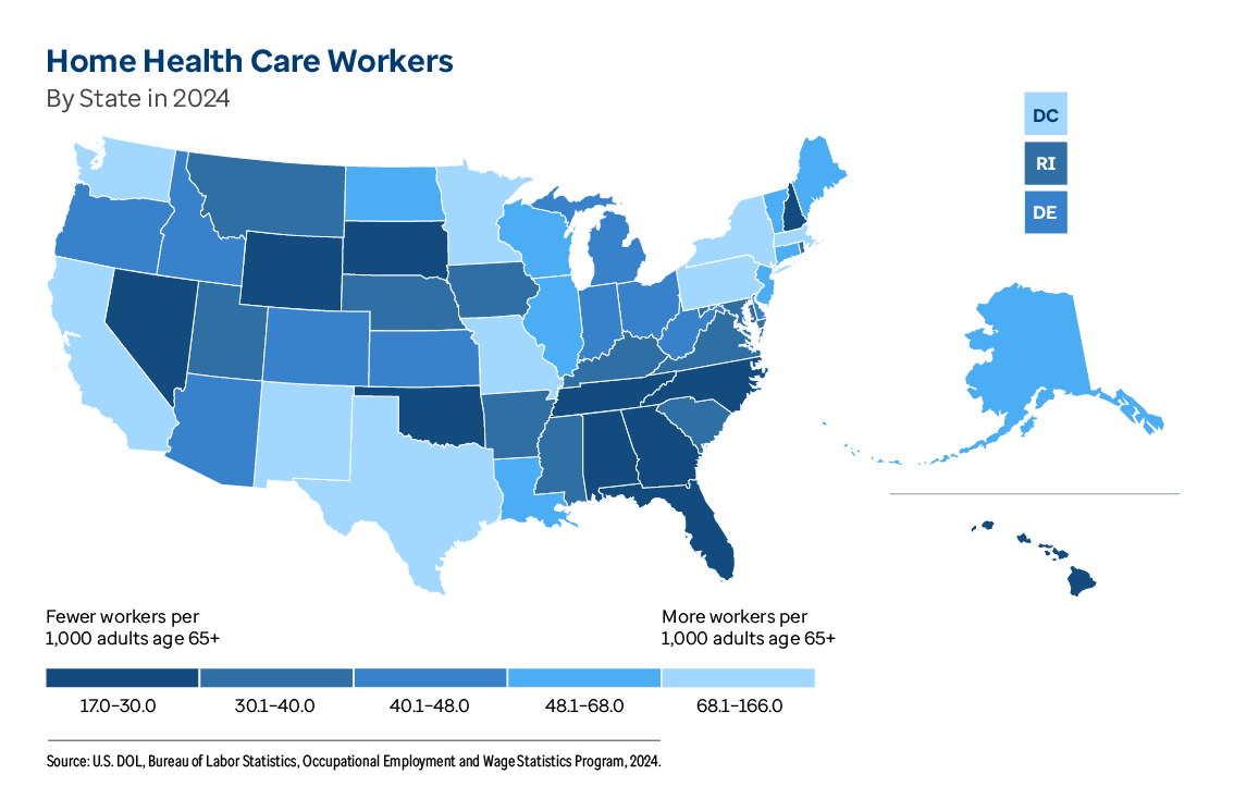 Graphic representation of Home Health Care Workers By State in 2024 information contained on this page. Download the full report PDF from the report Overview page for details.