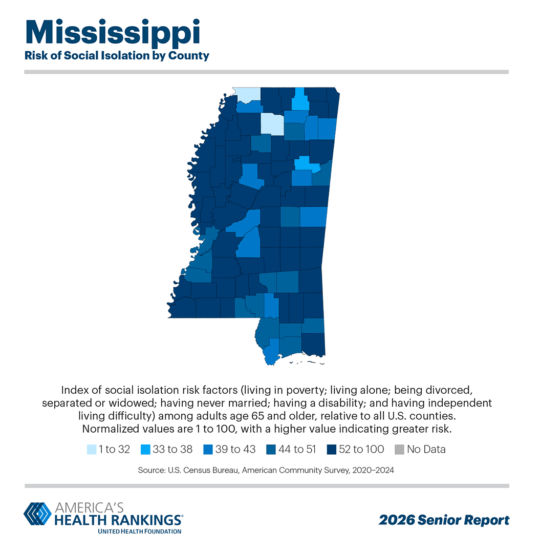 A choropleth map of Mississippi’s Risk of Social Isolation by County in 2020-2024. Darker blue colors indicate higher Risk of Social Isolation. Map contents are discussed in the body of article. Source: U.S. Census Bureau, American Community Survey, 5-Year Dataset, 2020-2024.