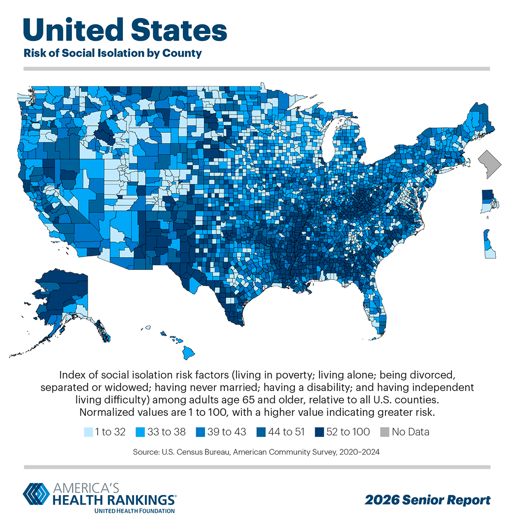 A choropleth map of the United States’ Risk of Social Isolation by County. Darker blue colors indicate higher Risk of Social Isolation. Map contents are discussed in the body of article. Source: U.S. Census Bureau, American Community Survey, 5-Year Dataset, 2020-2024.
