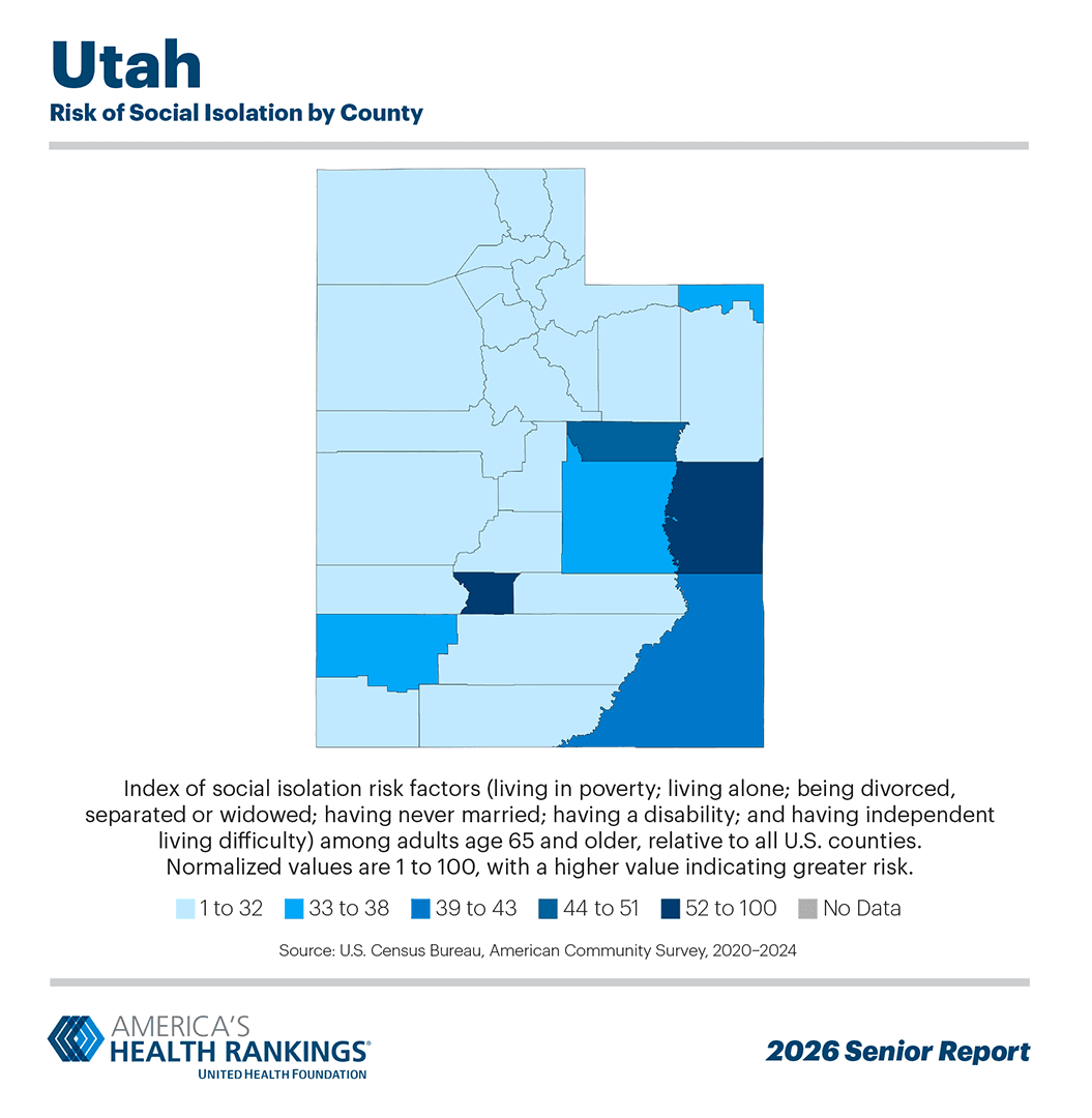 A choropleth map of Utah’s Risk of Social Isolation by County in 2020-2024. Darker blue colors indicate higher Risk of Social Isolation. Map contents are discussed in the body of article. Source: U.S. Census Bureau, American Community Survey, 5-Year Dataset, 2020-2024.