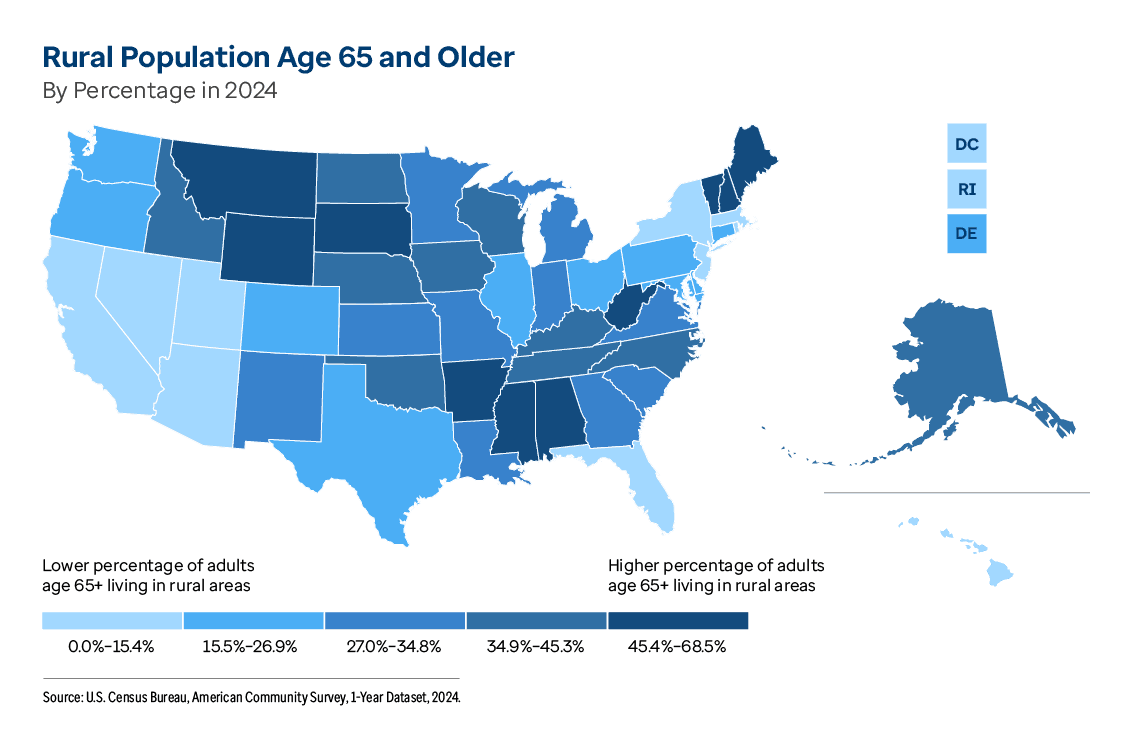 Graphic map representation of Rural Population Age 65 and Older By Percentage in 2024 information contained on this page. Download the full report PDF from the report Overview page for details.