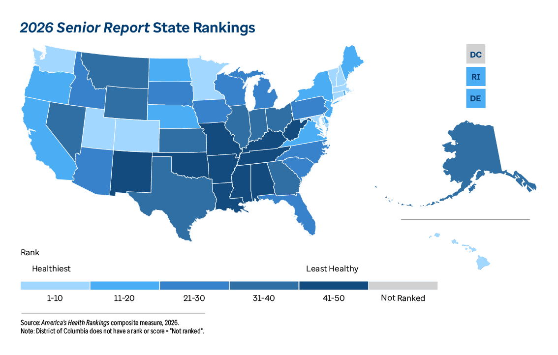 Graphic map representation of 2026 Senior Report State Rankings information contained on this page. Download the full report PDF from the report Overview page for details.