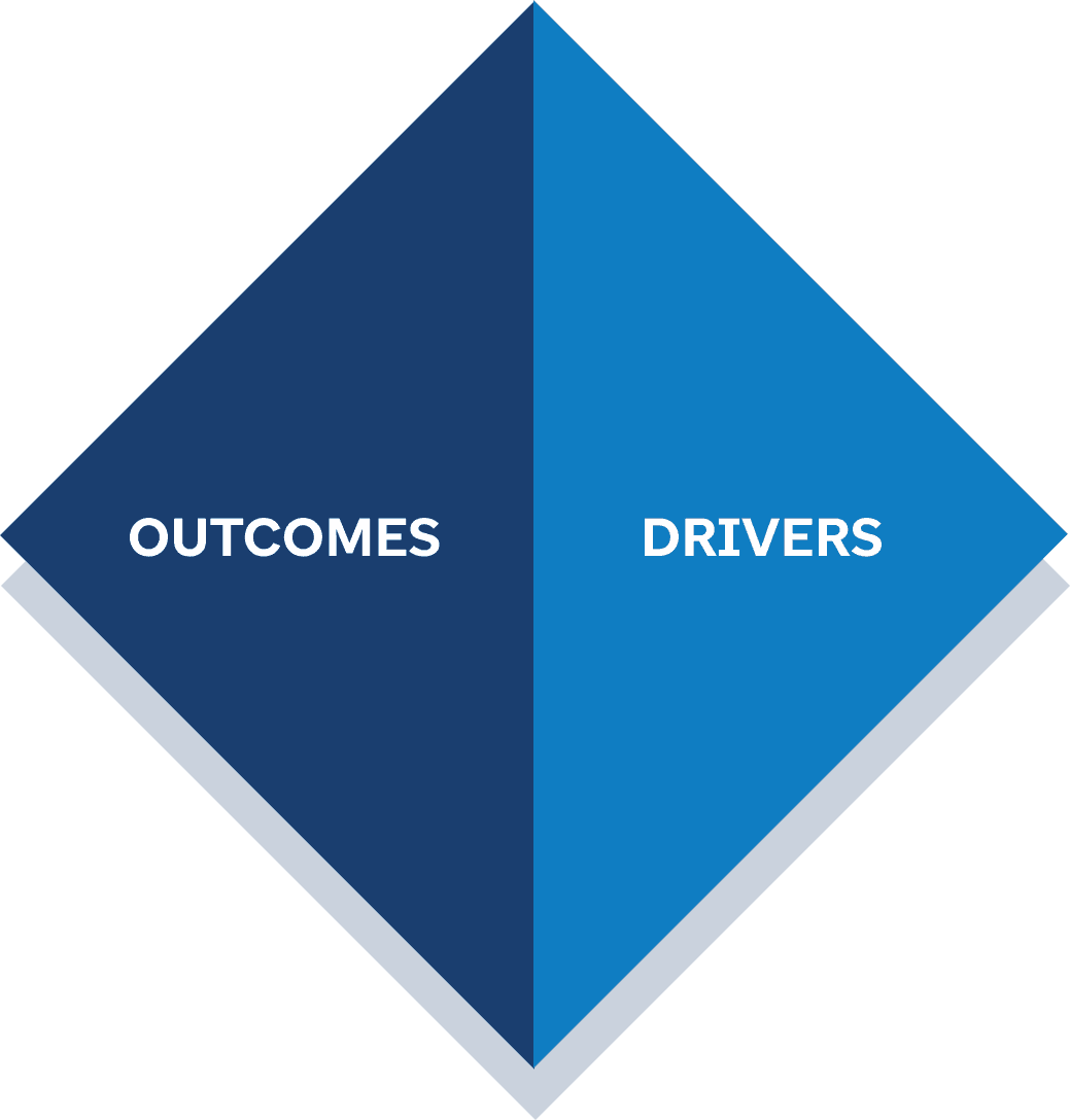 A diamond split down the middle represents the original two components of the model: Risk Factors and Health Outcomes.
